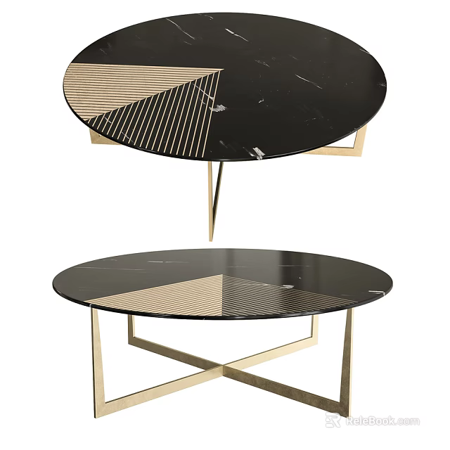 Modern Black Marble Coffee Table With Golden Crossed Legs And Geometric Patterns 3d model 