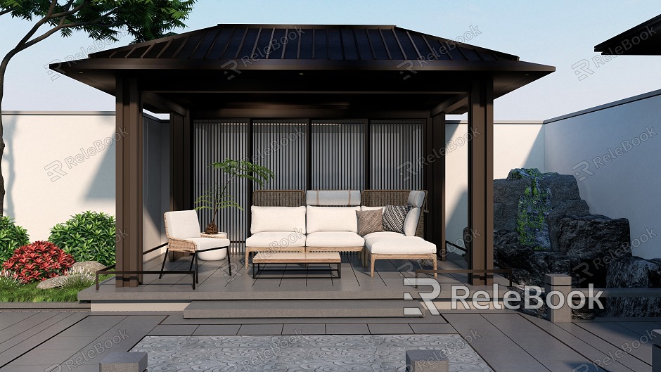 Modern courtyard courtyard landscape pavilion space tea room space outdoor leisure sofa double sofa shrub ball rockery overlapping water model