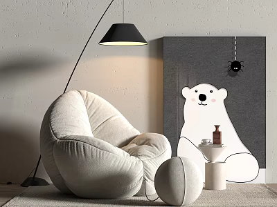 Cozy Light Beige Bean Bag Chair With Floor Lamp And Polar Bear Wall Art 3d model