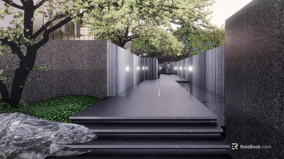 Modern Garden Landscape Design With Stone Walls Trees And Pathway Steps 3d model