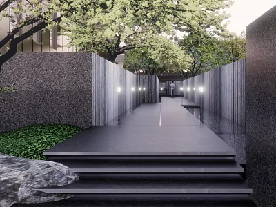 Modern Garden Landscape Design With Stone Walls Trees And Pathway Steps 3d model