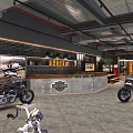 Modern Motorcycle Showroom Interior With Multiple Motorcycles Tables Chairs And Wall Decorations