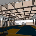 Bright Indoor Basketball Gymnasium With Blue Yellow Court And Wooden Ceiling Structure