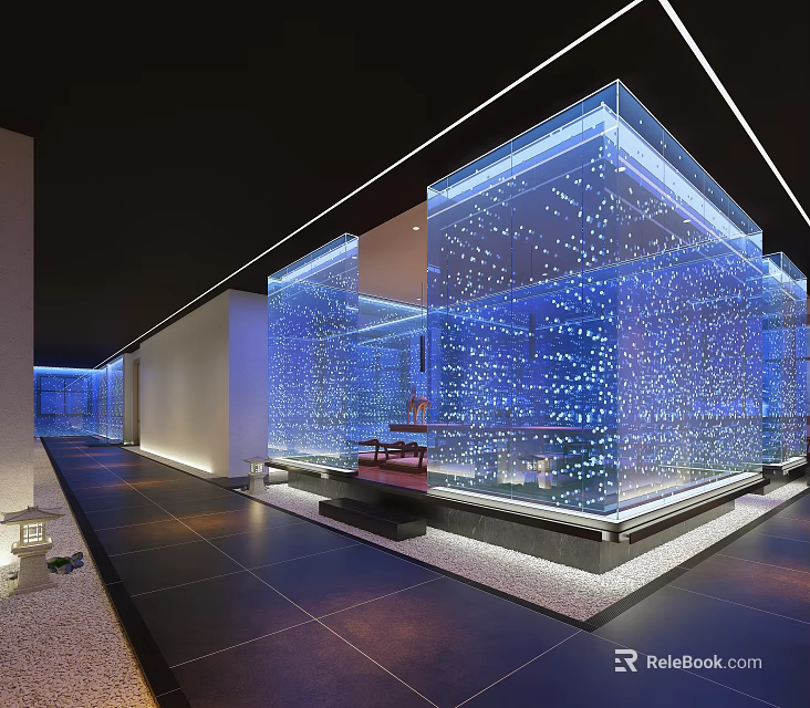 Modern Restaurant Interior With Glass Facade And Blue Lighting Design Layout 3d model 