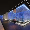 Modern Restaurant Interior With Glass Facade And Blue Lighting Design Layout 3d model