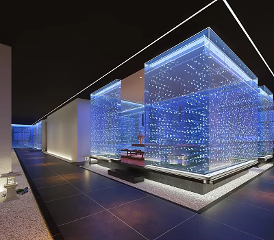 Modern Restaurant Interior With Glass Facade And Blue Lighting Design Layout 3d model