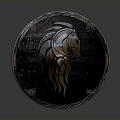 Vintage Defensive Shield With Horse Head Engraving Antique Wooden Metal Design