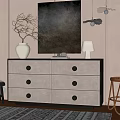 Modern Wooden Dresser Featuring Black Knobs Light Drawers Vase Artwork and Table Lamp Decor 3d model