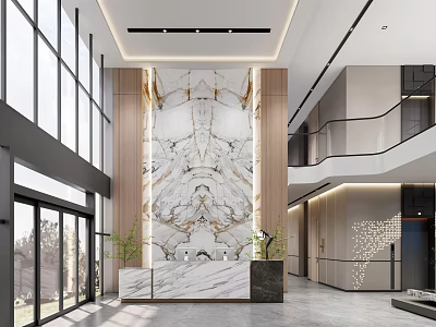 Modern Service Hall Interior With Marble Wall Front Desk And Large Windows 3d model