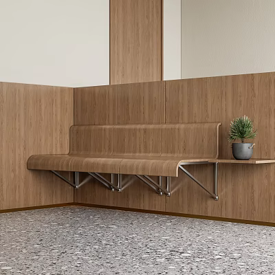 Wall Mounted Public Bench With Wooden Wall Panel And Potted Plant 3d model
