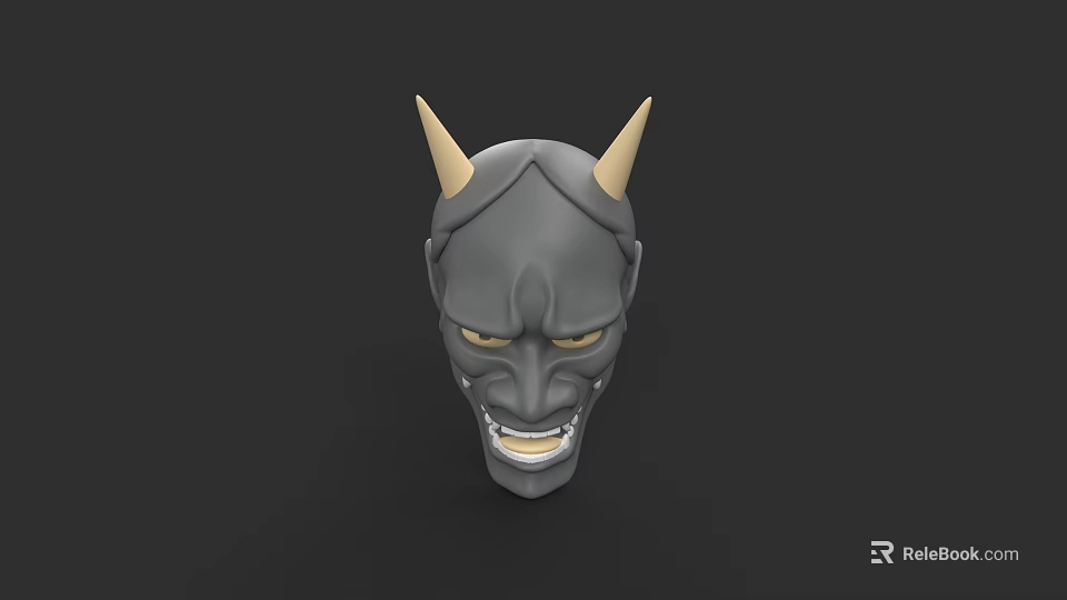 Japanese Style Demon Mask Carving With Gray Surface Grinning Expression And Yellow Horns 3d model 