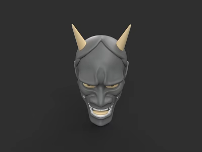 Japanese Style Demon Mask Carving With Gray Surface Grinning Expression And Yellow Horns 3d model