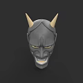 Japanese Style Demon Mask Carving With Gray Surface Grinning Expression And Yellow Horns