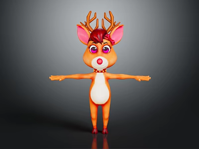 Cartoon Deer Character With Antlers Pink Ears Red Eyes Collar And Outstretched Arms 3d model