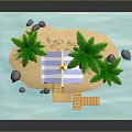 Tropical Scenic View With Orange Cabin Palm Trees Sand Beach Wooden Dock And Blue Water