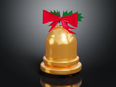 Shiny Golden Bell Christmas Decoration With Red Bow And Green Holly Leaves 3d model