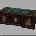 Ornate Wooden Desk with Green Surface Intricate Carved Details and Gold Accents