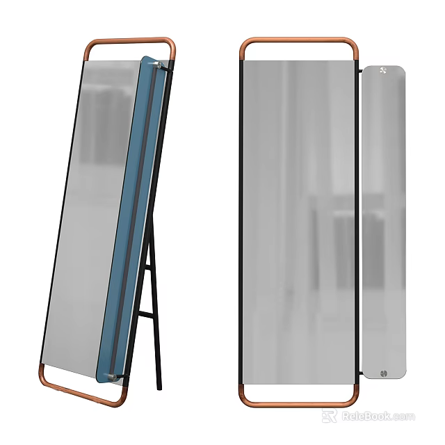 Modern Standing Floor Mirror With Copper Frame And Black Stand Design 3d model 