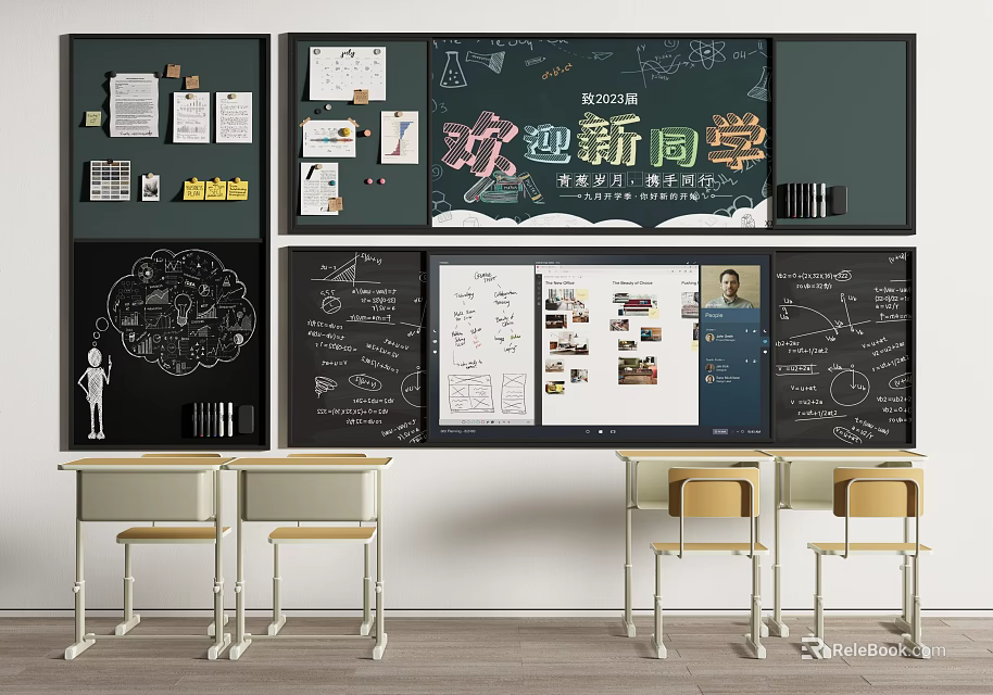 Educational Classroom Wall Hangings with Welcome Messages Charts Student Supplies and Desks in Learning Space 3d model 