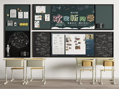 Educational Classroom Wall Hangings with Welcome Messages Charts Student Supplies and Desks in Learning Space 3d model
