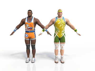 Two Athletic Men In Colorful Wrestling Outfits With Protective Gear Posing 3d model