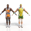 Two Athletic Men In Colorful Wrestling Outfits With Protective Gear Posing