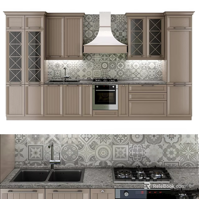 Modern Kitchen Interior With Tile Backsplash Range Hood And Stylish Cabinets 3d model