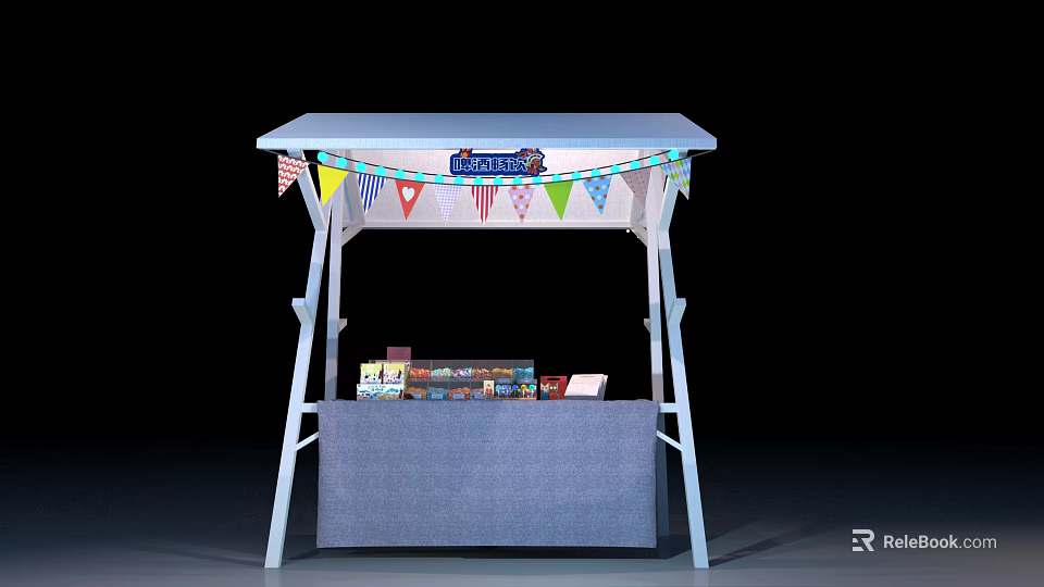 Small Outdoor Kiosk With White Canopy And Colorful Bunting Flags Displaying Items 3d model 