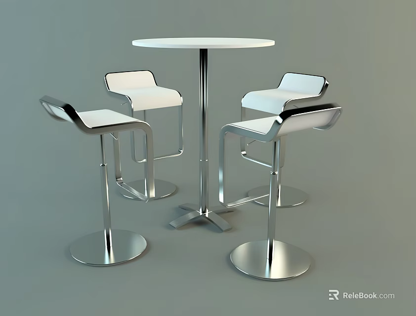 Modern Round Bar Table Setup With Four White Stools And Metallic Frame 3d model 
