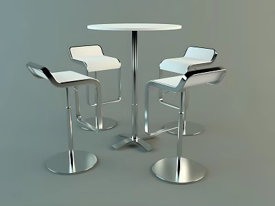 Modern Round Bar Table Setup With Four White Stools And Metallic Frame 3d model