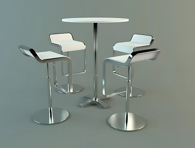 Modern Round Bar Table Setup With Four White Stools And Metallic Frame 3d model