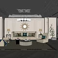 Elegant Modern Living Room With Beige Sofa Armchair Round Coffee Table Chandelier Mirror Rug