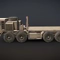 Khaki Military Truck With Large Tires Flatbed Trailer And Spare Tire On Roof