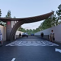 Modern Entrance Gate With Curved Arch Structure Surrounded By Trees And Pedestrian Path 3d model