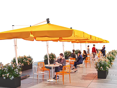 Outdoor Dining Table With Yellow Umbrellas People Sitting And Potted Plants 3d model