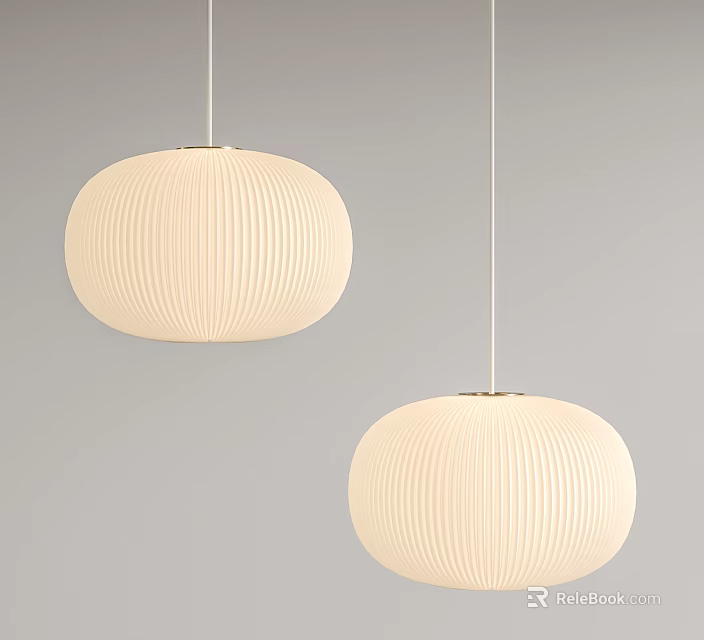 Two Beige Pleated Pendant Lights with Modern Design Hanging Against Gray Background 3d model 