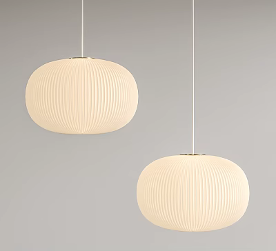 Two Beige Pleated Pendant Lights with Modern Design Hanging Against Gray Background 3d model