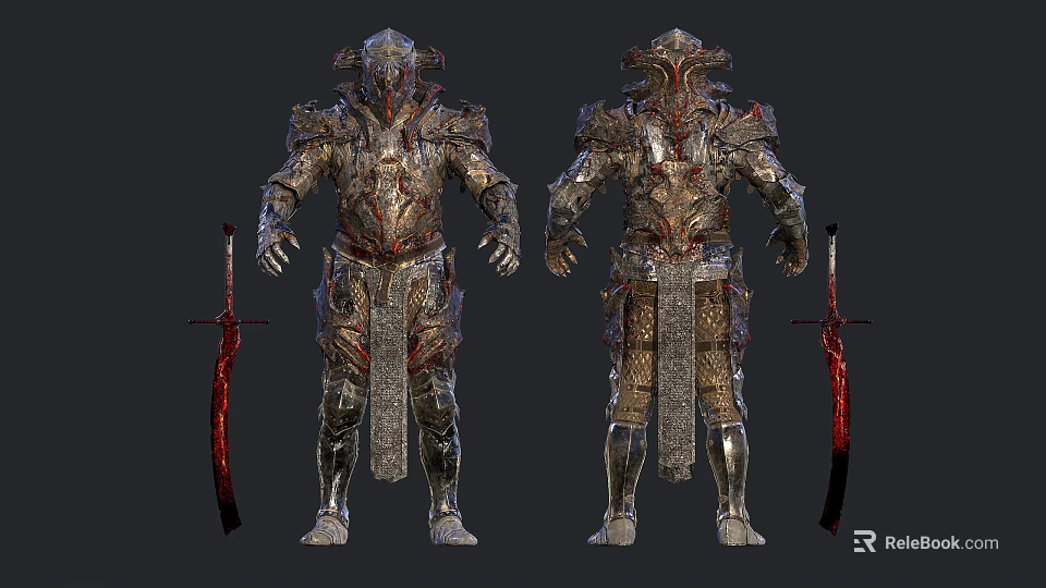 Two Armored Warriors in Ornate Metallic Armor with Red Accented Swords 3d model 