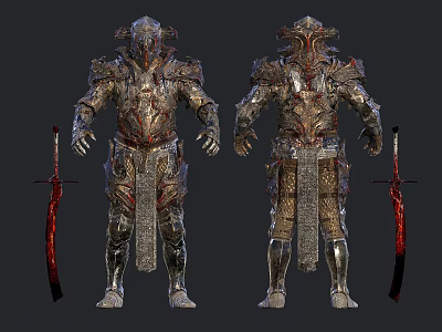 Two Armored Warriors in Ornate Metallic Armor with Red Accented Swords 3d model