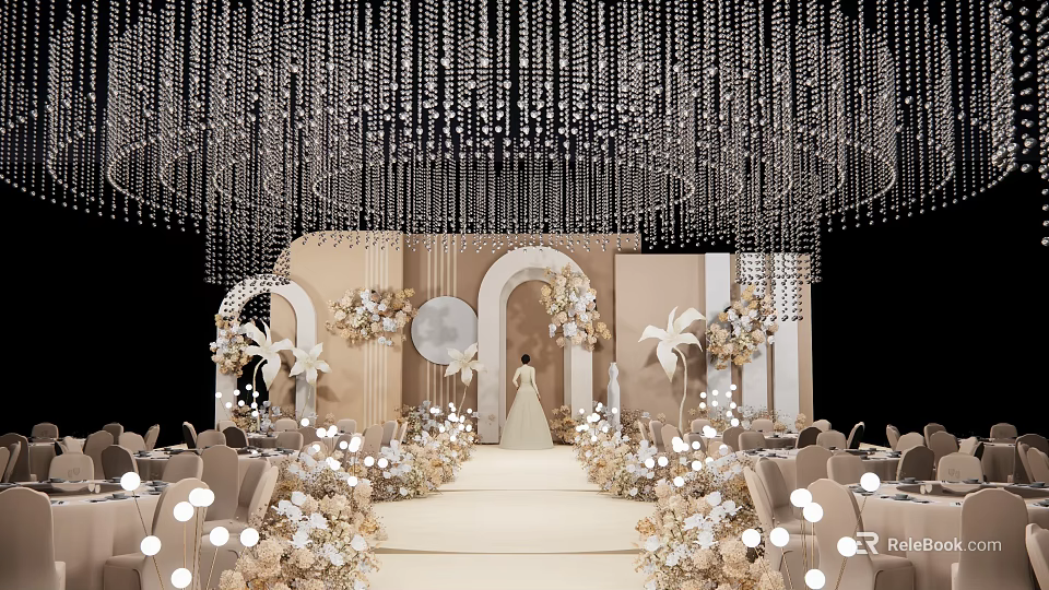 Wedding Ceremony Setup With Bride Floral Decorations Crystal Chandeliers And Arches 3d model 