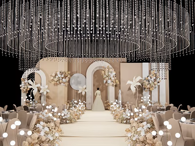 Wedding Ceremony Setup With Bride Floral Decorations Crystal Chandeliers And Arches 3d model