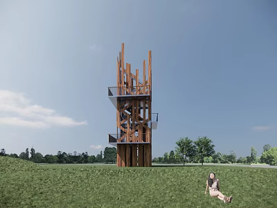 Tall Wooden Observation Tower With Multi Level Structure In Green Grassland And Trees 3d model
