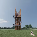 Tall Wooden Observation Tower With Multi Level Structure In Green Grassland And Trees 3d model