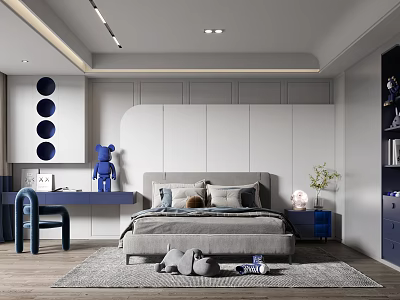 Modern Kids Room Interior With Gray Bed Blue Desk Stuffed Toys Round Decor And Rug 3d model