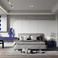 Modern Kids Room Interior With Gray Bed Blue Desk Stuffed Toys Round Decor And Rug