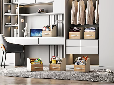 Organizational Home Living Supplies With Storage Boxes Desk Shelf And Hanging Clothes 3d model