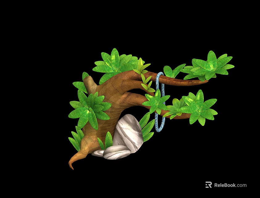 Vine Shaped Decor With Green Leaves Brown Trunk White Bag And Blue Rope 3d model 