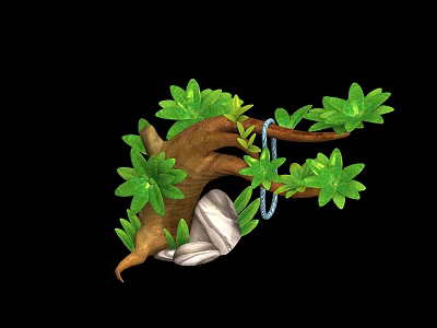 Vine Shaped Decor With Green Leaves Brown Trunk White Bag And Blue Rope 3d model