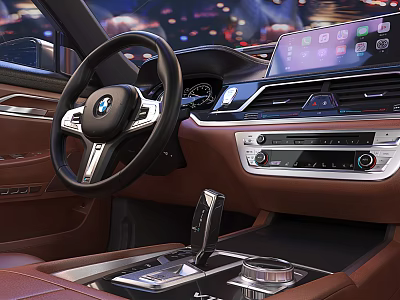 Luxurious Car Interior Featuring Brown Leather Steering Wheel Large Touchscreen And Center Console 3d model