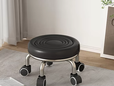 Black Circular Spiral Seat Stool With Silver Metal Legs And Wheels In Living Room 3d model